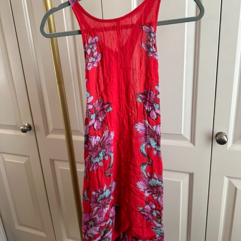 Free People Red Floral High Neck Side Tie Mini Dress, size XS